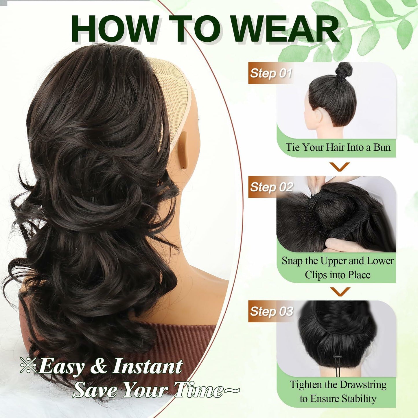 Mayouda 18in Wavy Clip-in Drawstring Ponytail Hair Extension Black Brown