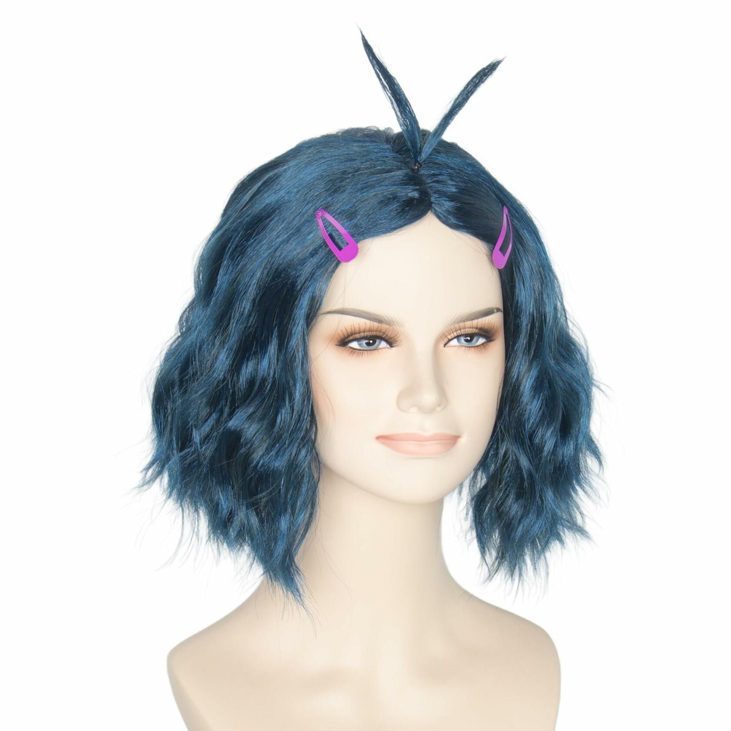 Miss U Hair Short Wavy Deep Blue Anime Cosplay Wig with Purple Hairpins