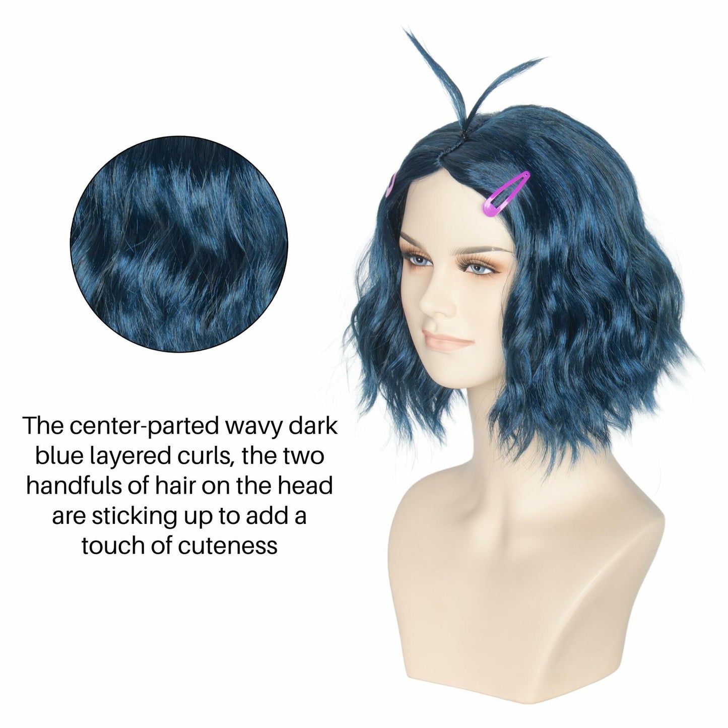 Miss U Hair Short Wavy Deep Blue Anime Cosplay Wig with Purple Hairpins