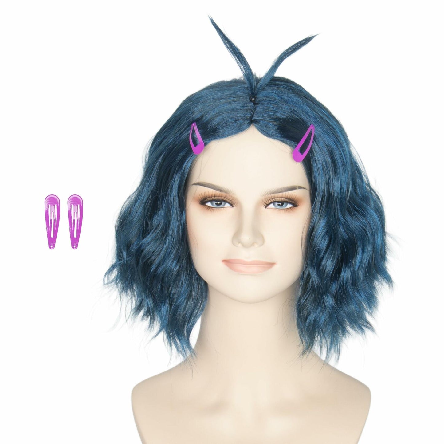 Miss U Hair Short Wavy Deep Blue Anime Cosplay Wig with Purple Hairpins