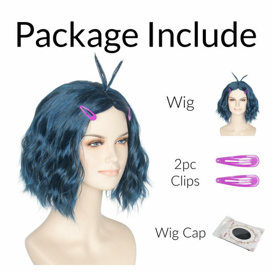 Miss U Hair Short Wavy Deep Blue Anime Cosplay Wig with Purple Hairpins