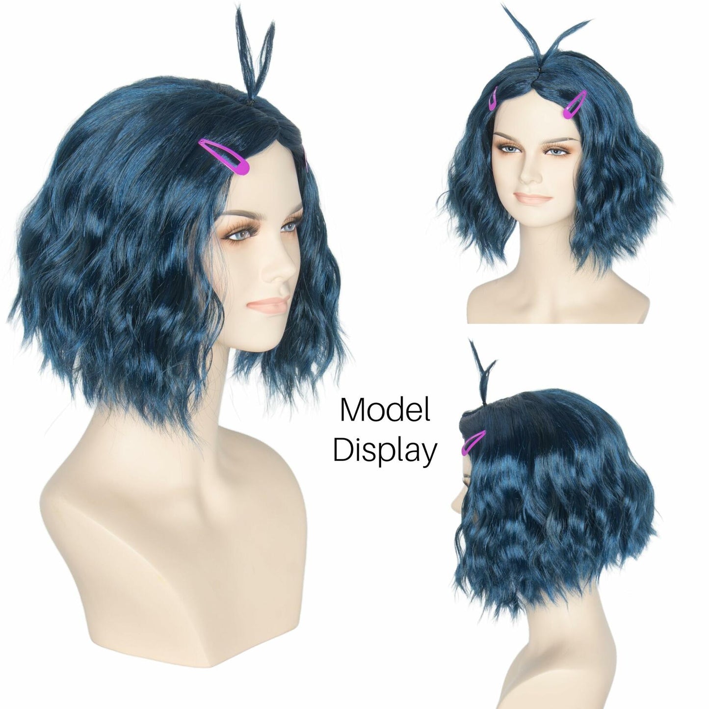 Miss U Hair Short Wavy Deep Blue Anime Cosplay Wig with Purple Hairpins