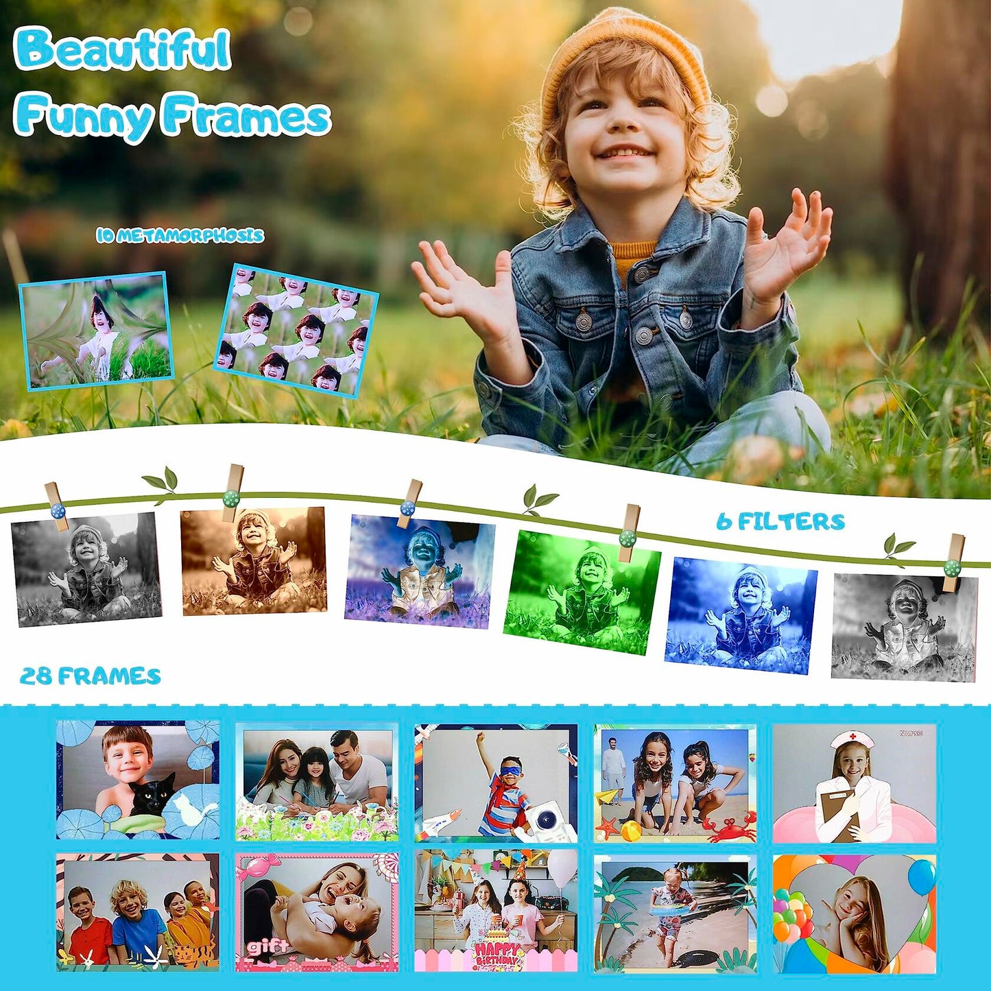 iMisH Kids Camera 1080p Video 1000mAh Battery 32GB TF Card Shockproof Blue