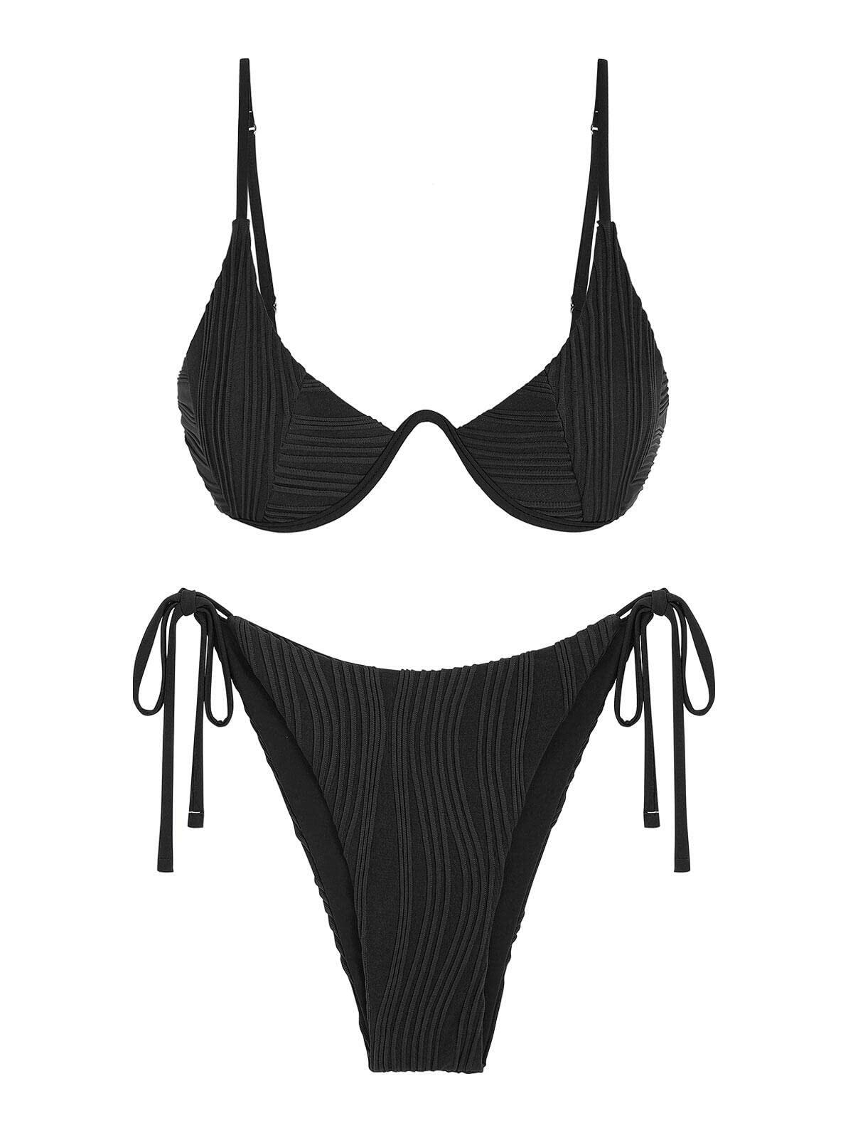 ZAFUL Women's Textured Underwire Bikini Set V Notch High Cut Ribbed Black Size M