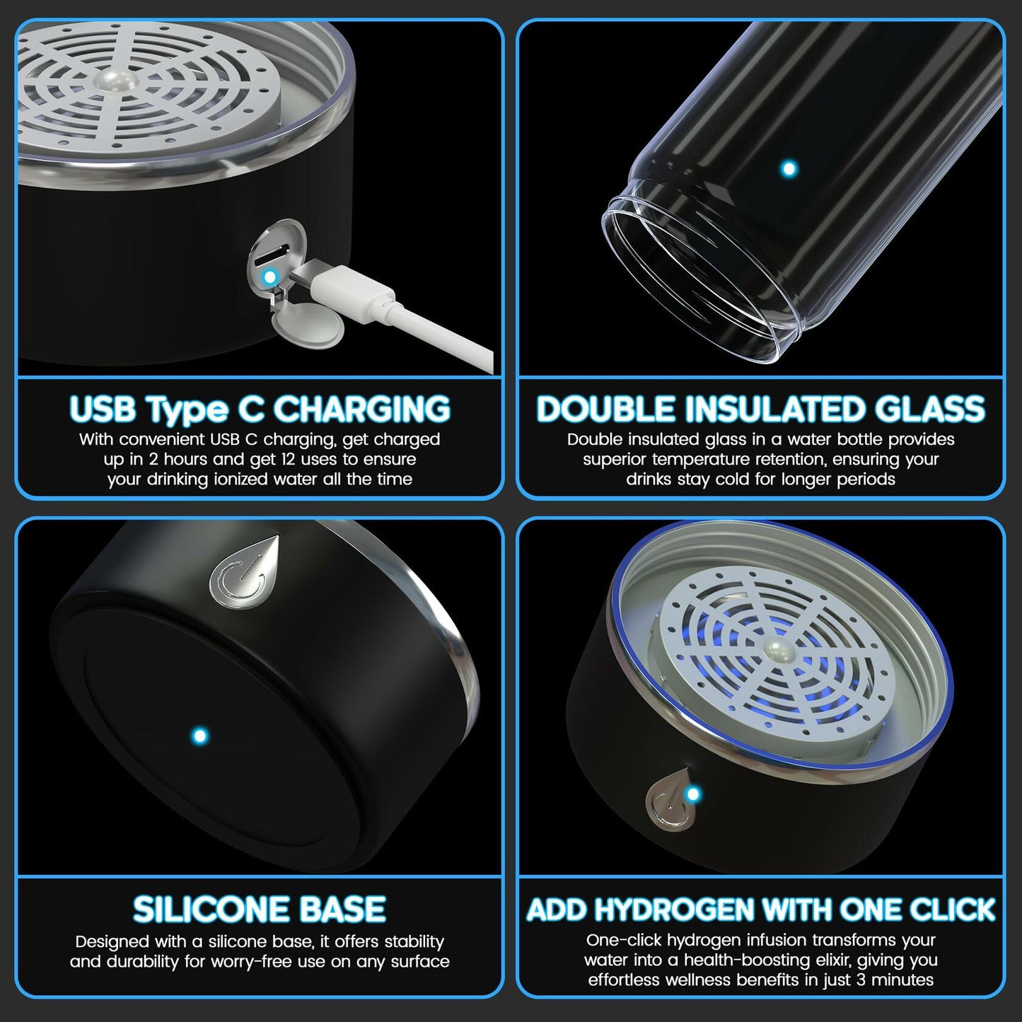 Hydrogen Water Bottle Generator Portable with Infuser 3 Min Electrolysis Black