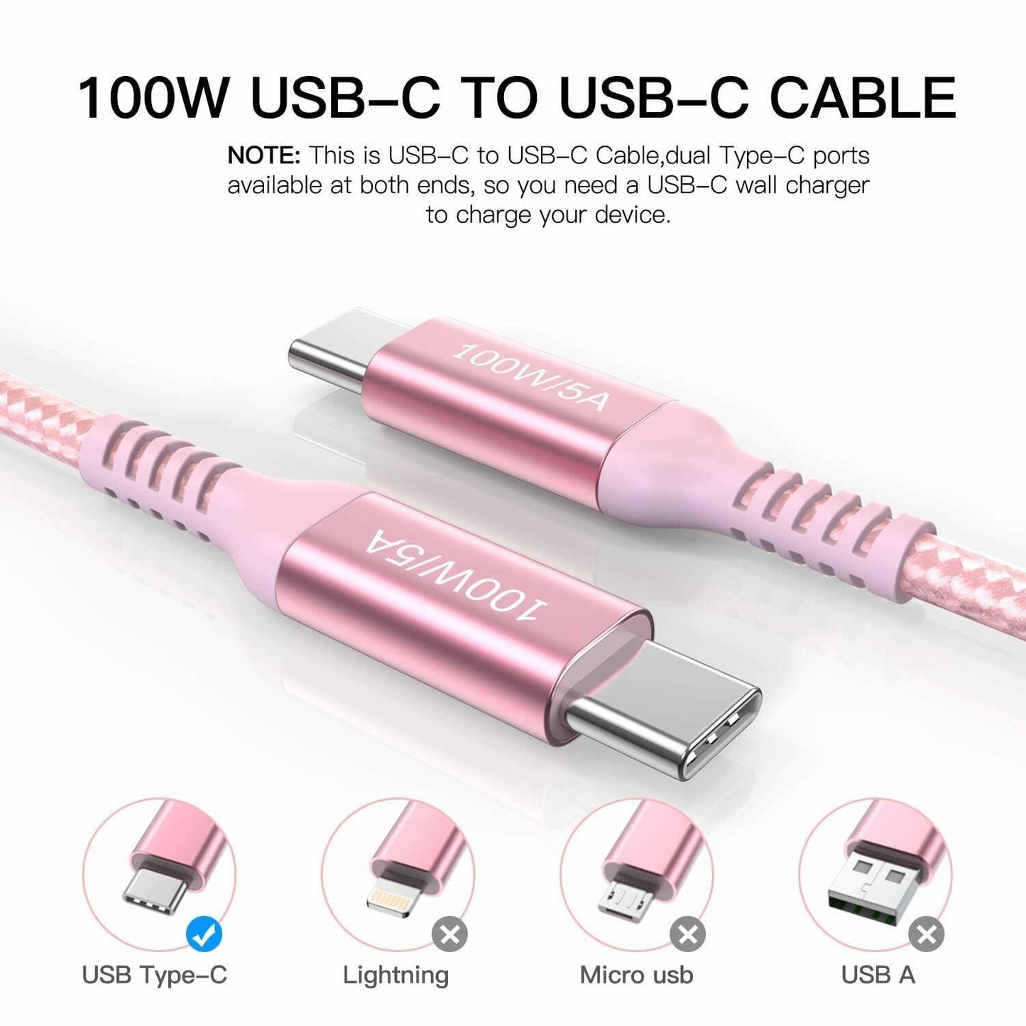 Awnuwuy USB C to USB C Cable 100W Fast Charging Pink 6.6ft 3-Pack