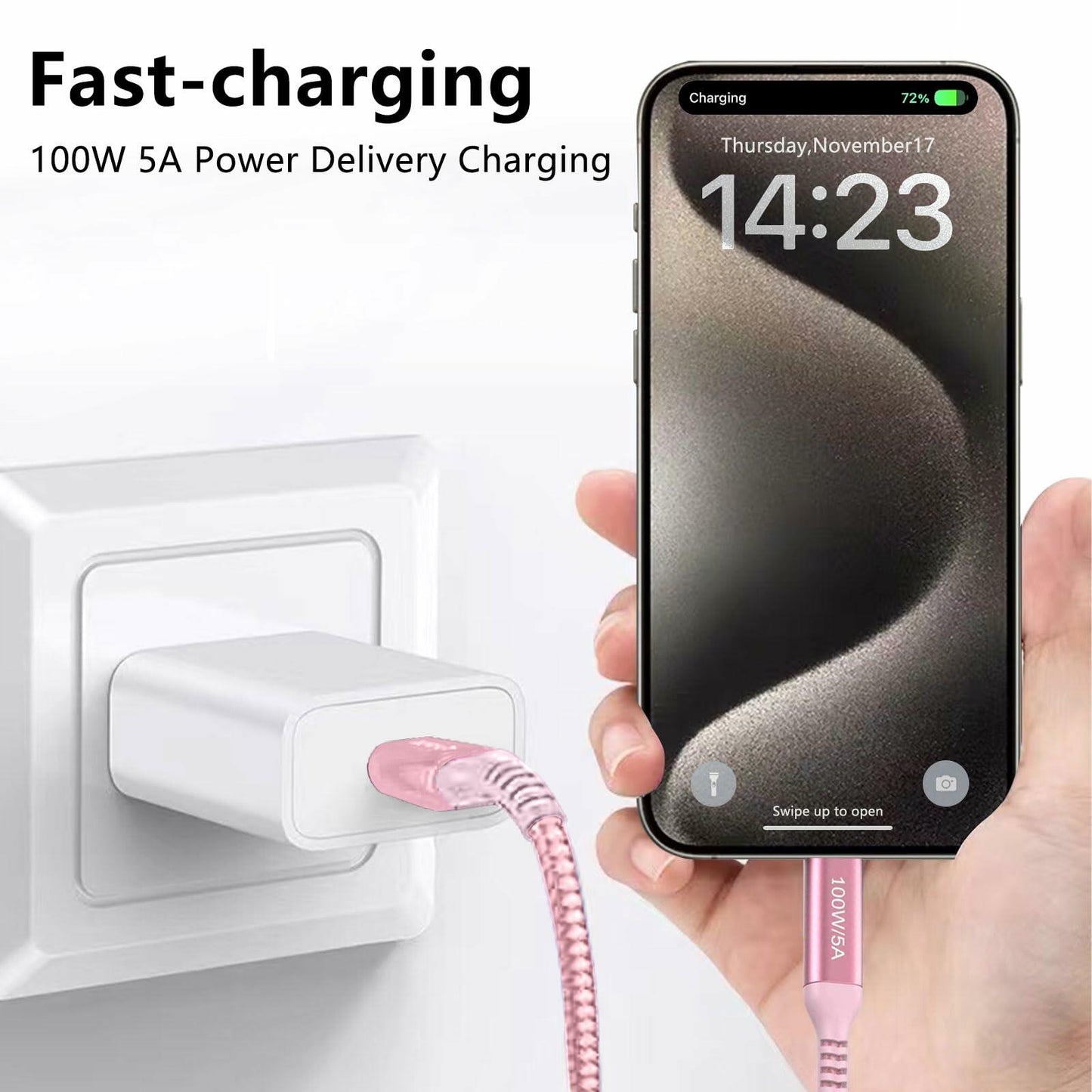 Awnuwuy USB C to USB C Cable 100W Fast Charging Pink 6.6ft 3-Pack