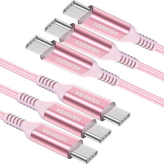 Awnuwuy USB C to USB C Cable 100W Fast Charging Pink 6.6ft 3-Pack