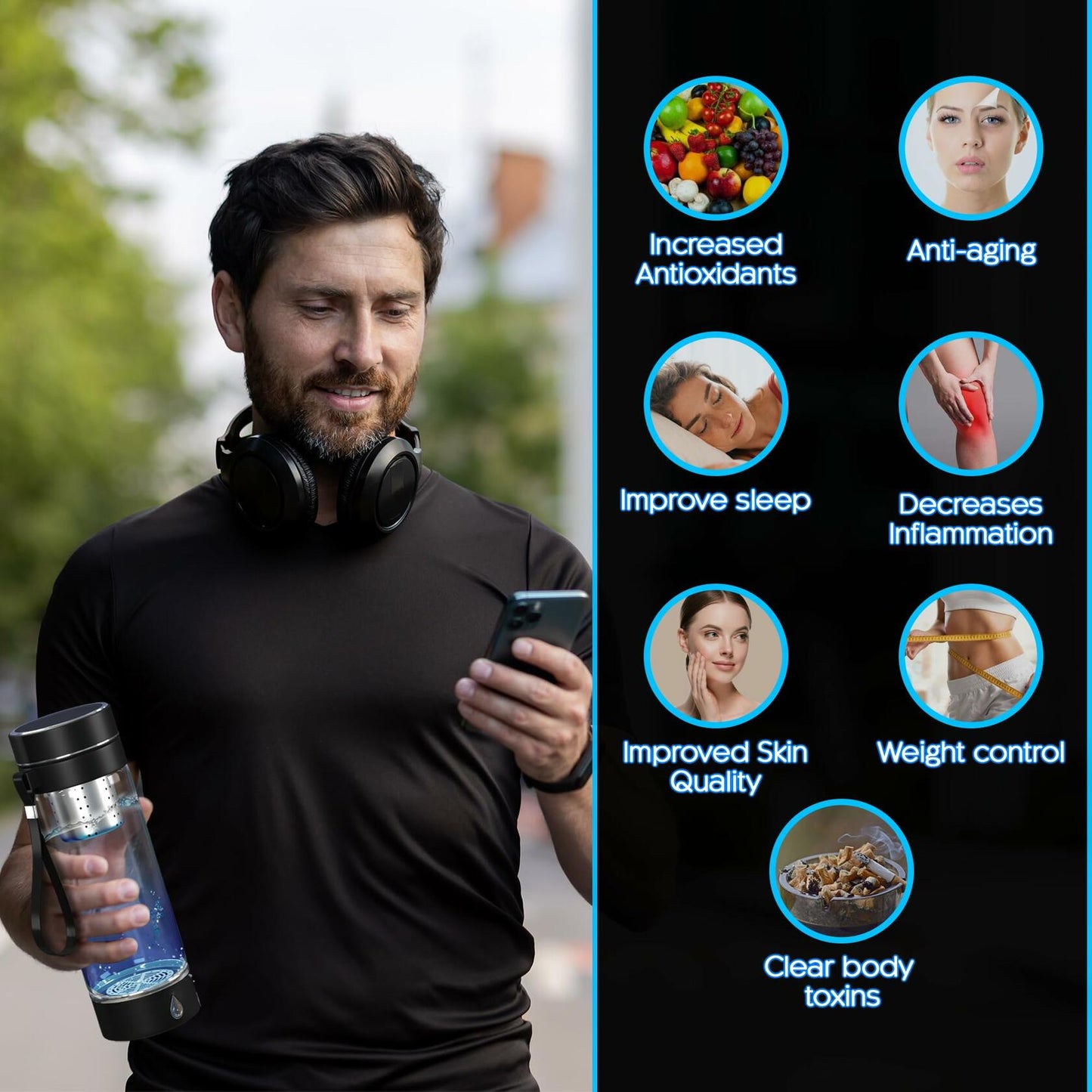 Hydrogen Water Bottle Generator Portable with Infuser 3 Min Electrolysis Black