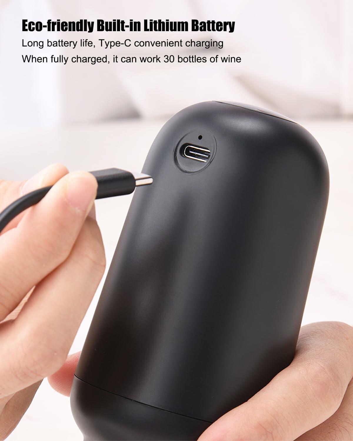 DERGUAM Electric Wine Aerator Rechargeable Portable with 2 Stoppers Black