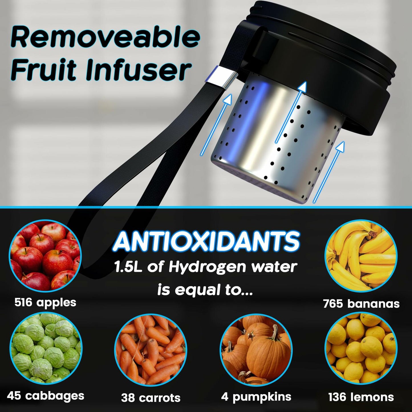 Hydrogen Water Bottle Generator Portable with Infuser 3 Min Electrolysis Black