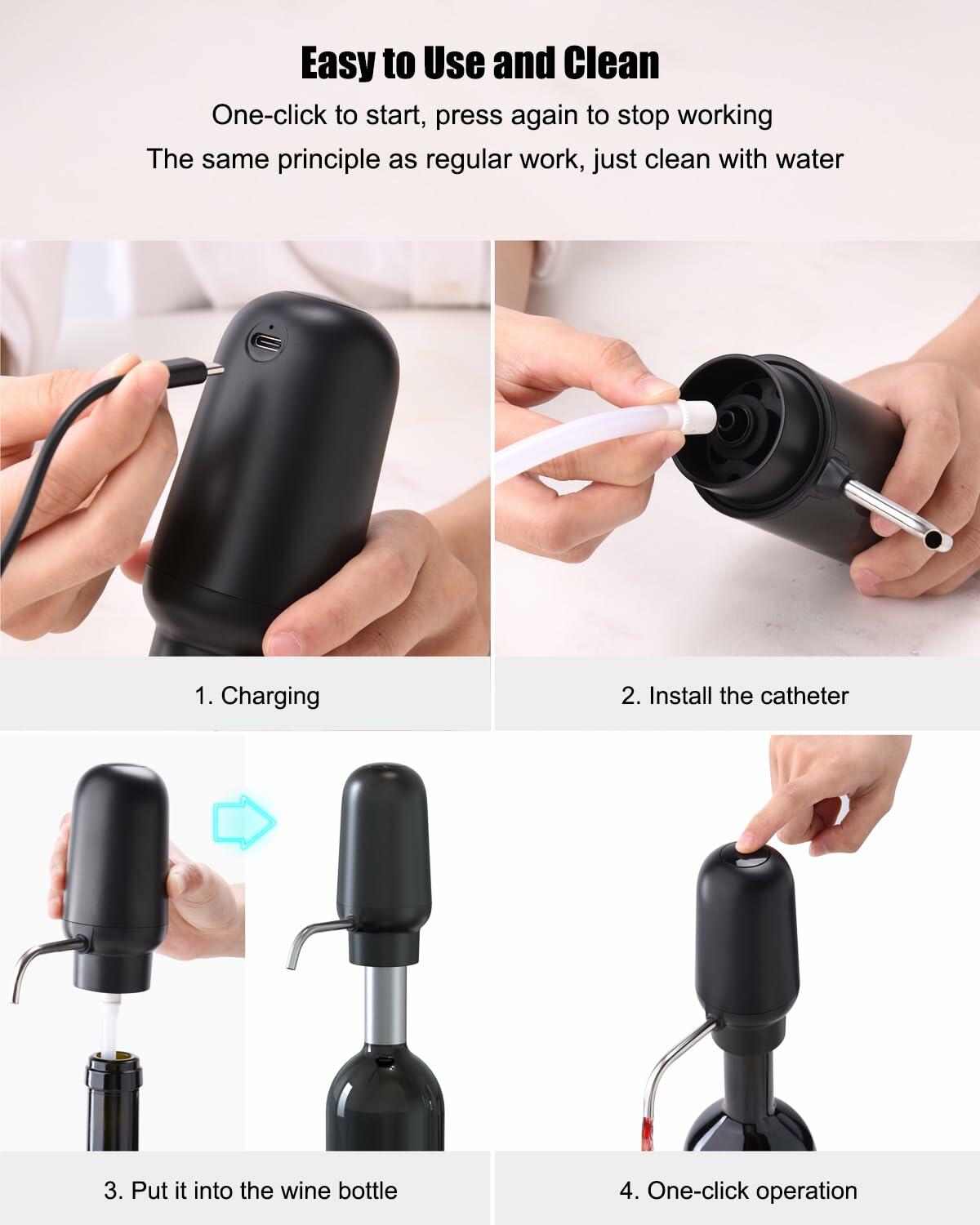 DERGUAM Electric Wine Aerator Rechargeable Portable with 2 Stoppers Black