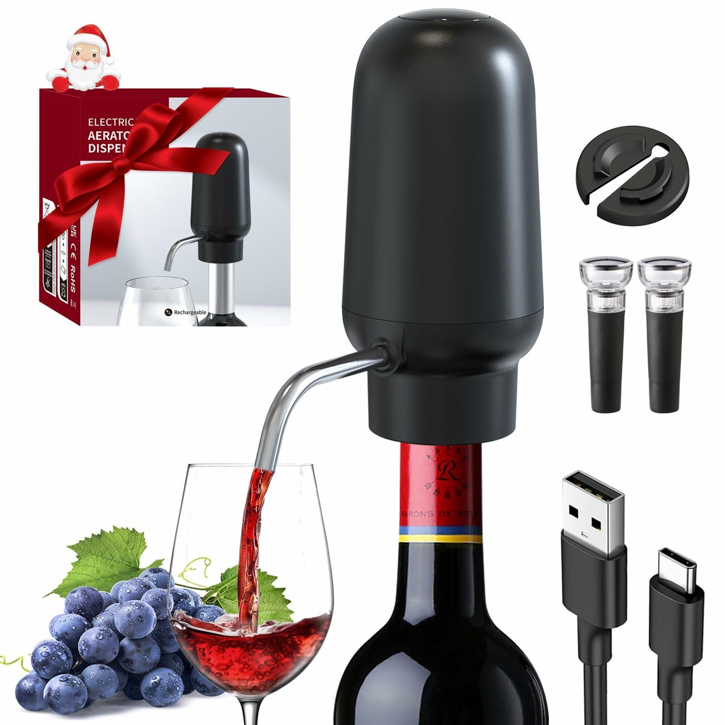 DERGUAM Electric Wine Aerator Rechargeable Portable with 2 Stoppers Black
