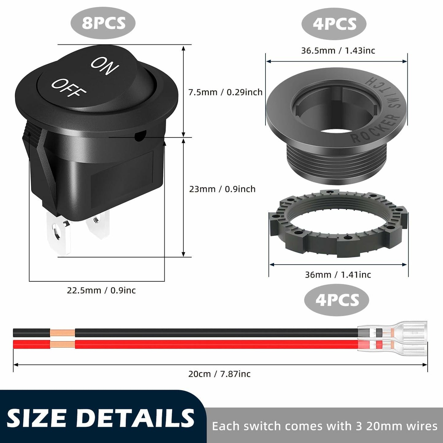 XMSILIMEIG Round Rocker Switch AC 125V 10A Waterproof Toggle 8 Pack Black