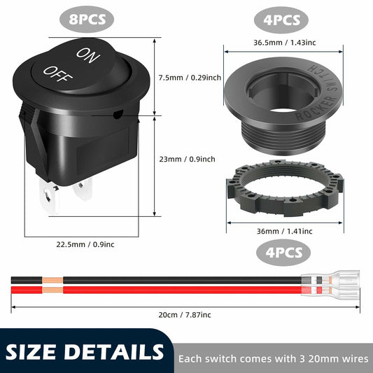 XMSILIMEIG Round Rocker Switch AC 125V 10A Waterproof Toggle 8 Pack Black