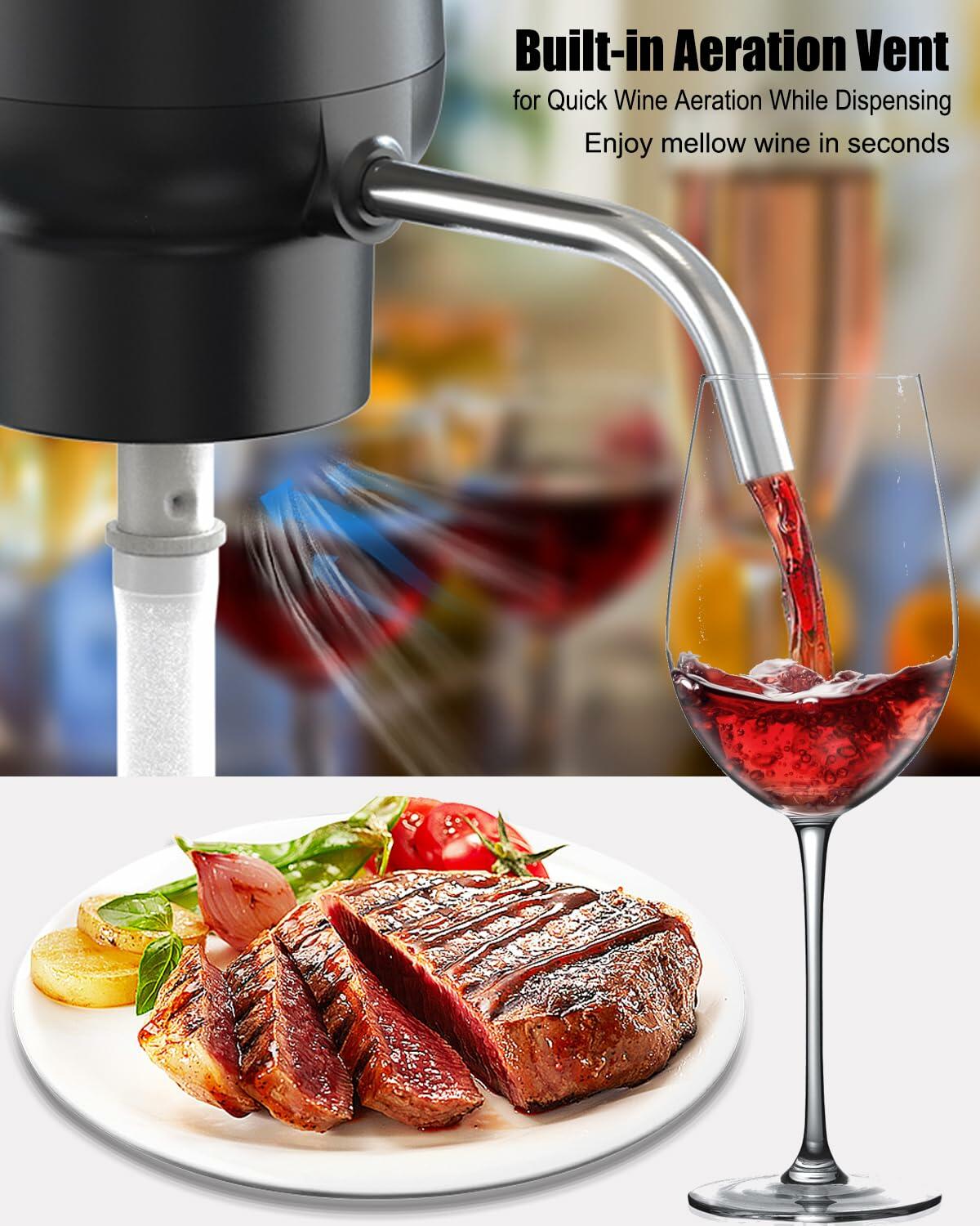 DERGUAM Electric Wine Aerator Rechargeable Portable with 2 Stoppers Black