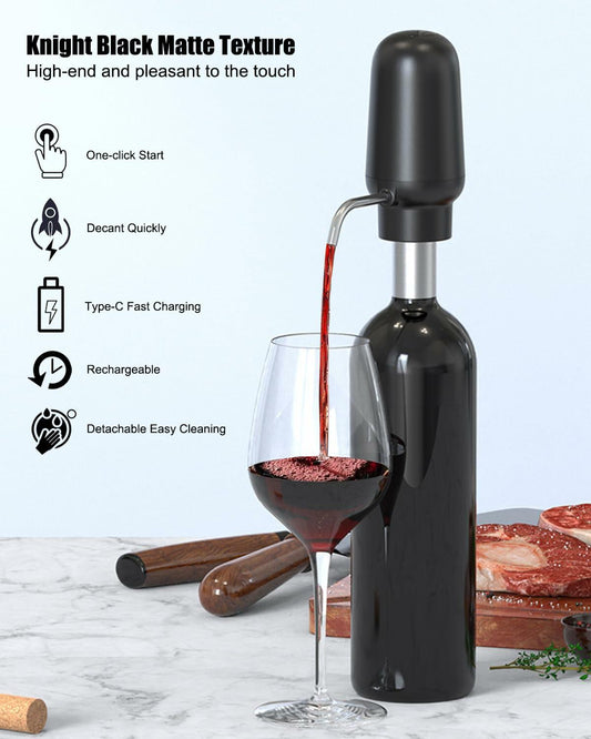 DERGUAM Electric Wine Aerator Rechargeable Portable with 2 Stoppers Black
