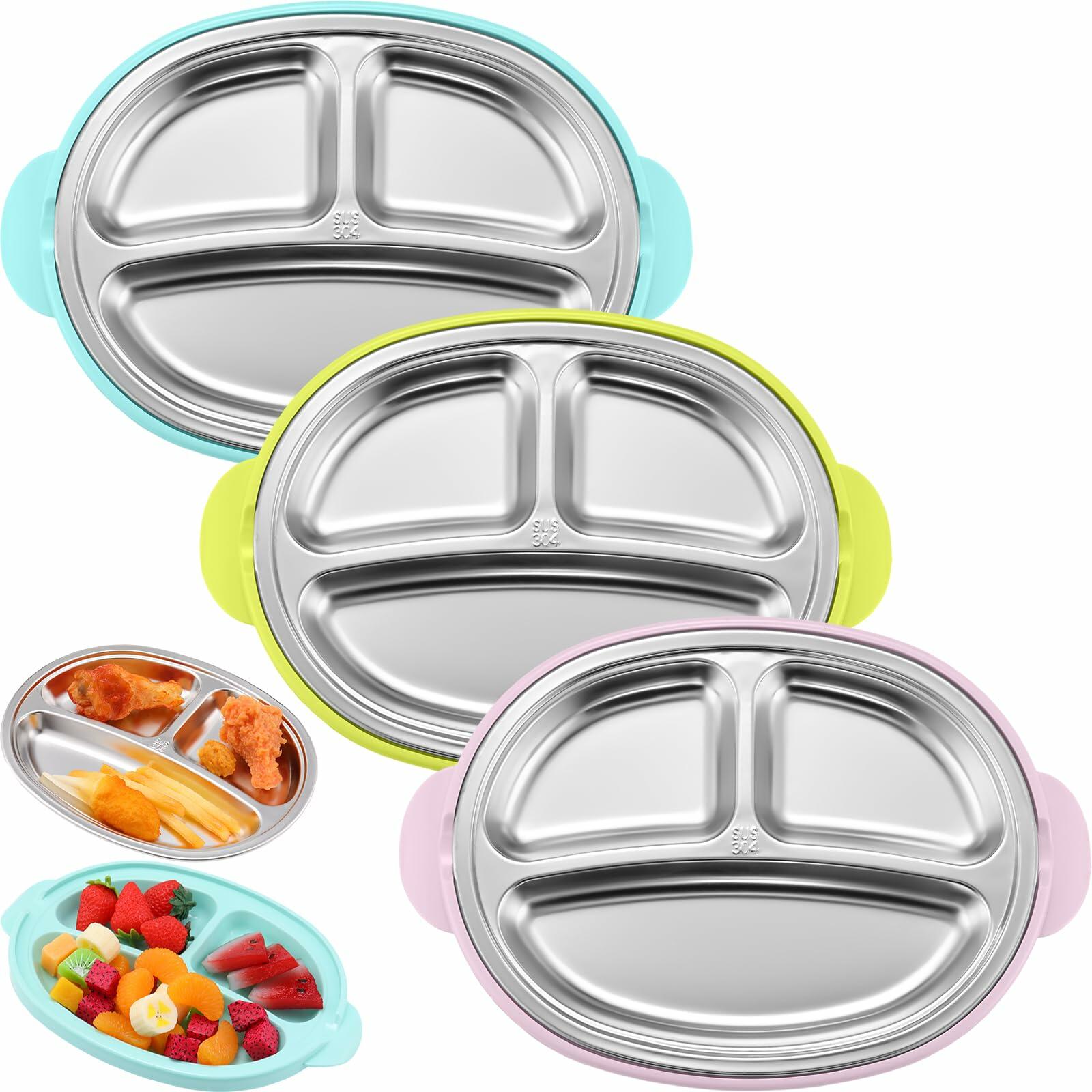 Nuogo 3 Pack Stainless Steel Kids Plates 3 Sections Multicolor 304 Steel