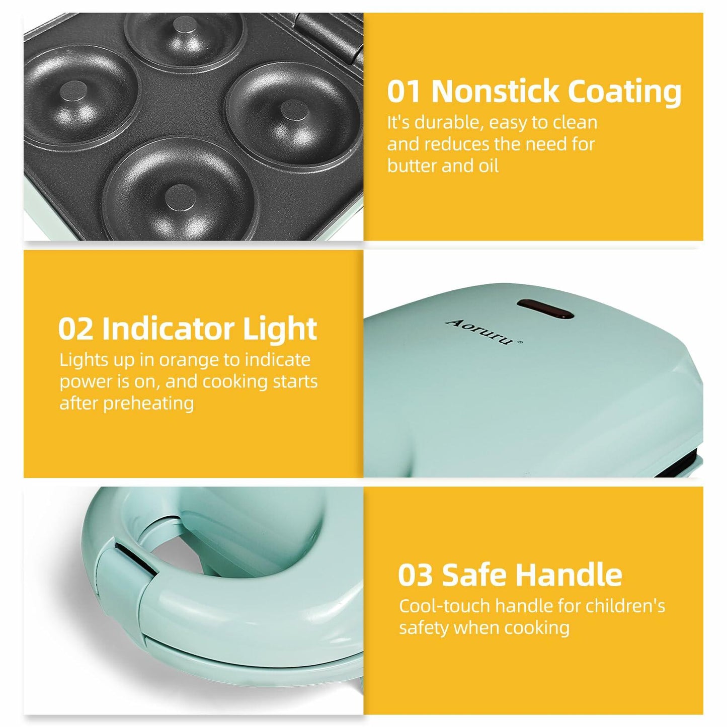 Aoruru Mini Donut Maker for Kids Mint Color Makes 4 Doughnuts