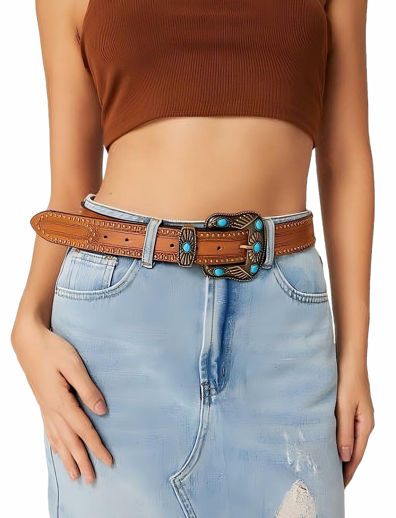 NociHah Adjustable Vintage Western Leather Belt Brown Waist 28-38