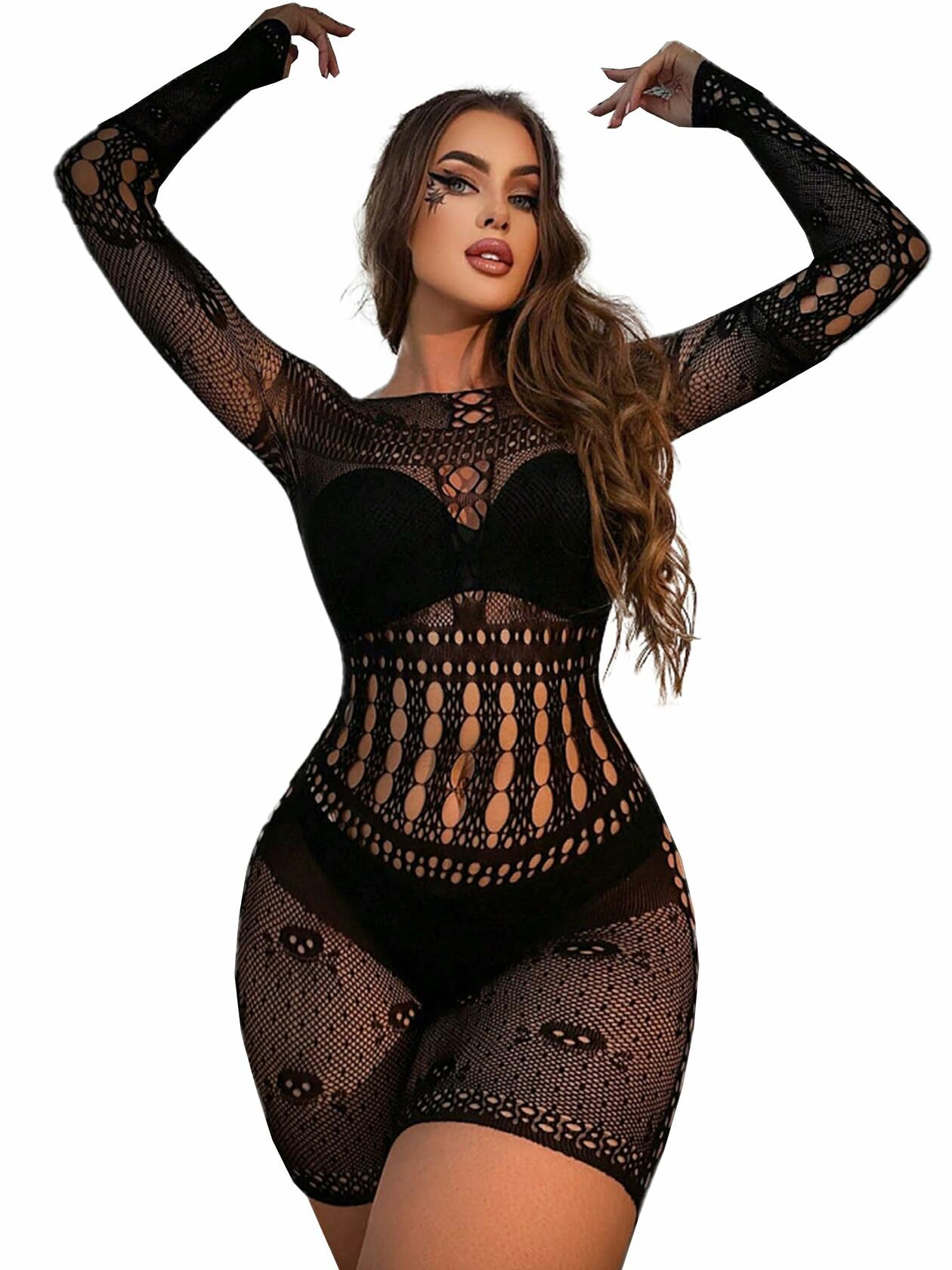 Buitifo Woman Nylon Fishnet Bodysuit Bodystocking Sexy Tights Black Size M