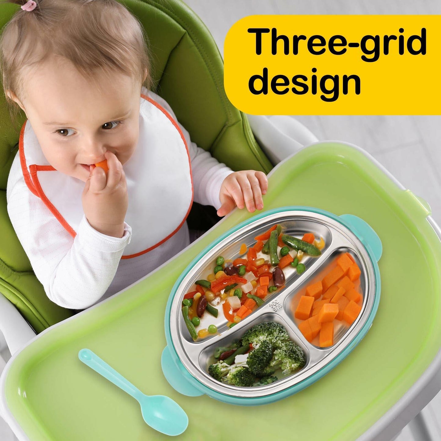 Nuogo 3 Pack Stainless Steel Kids Plates 3 Sections Multicolor 304 Steel