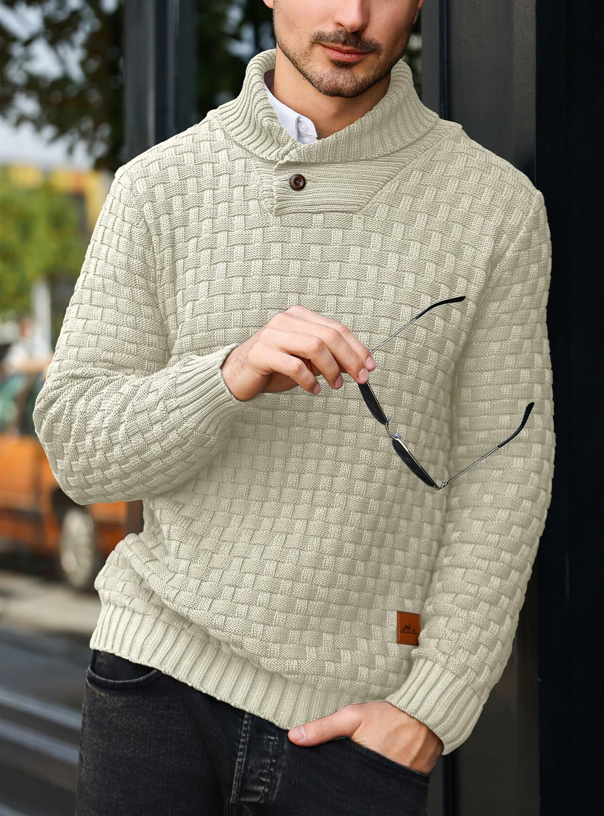 Arcciit Mens Pullover Shawl Collar Cable Knit Sweater Khaki Size 3X-Large