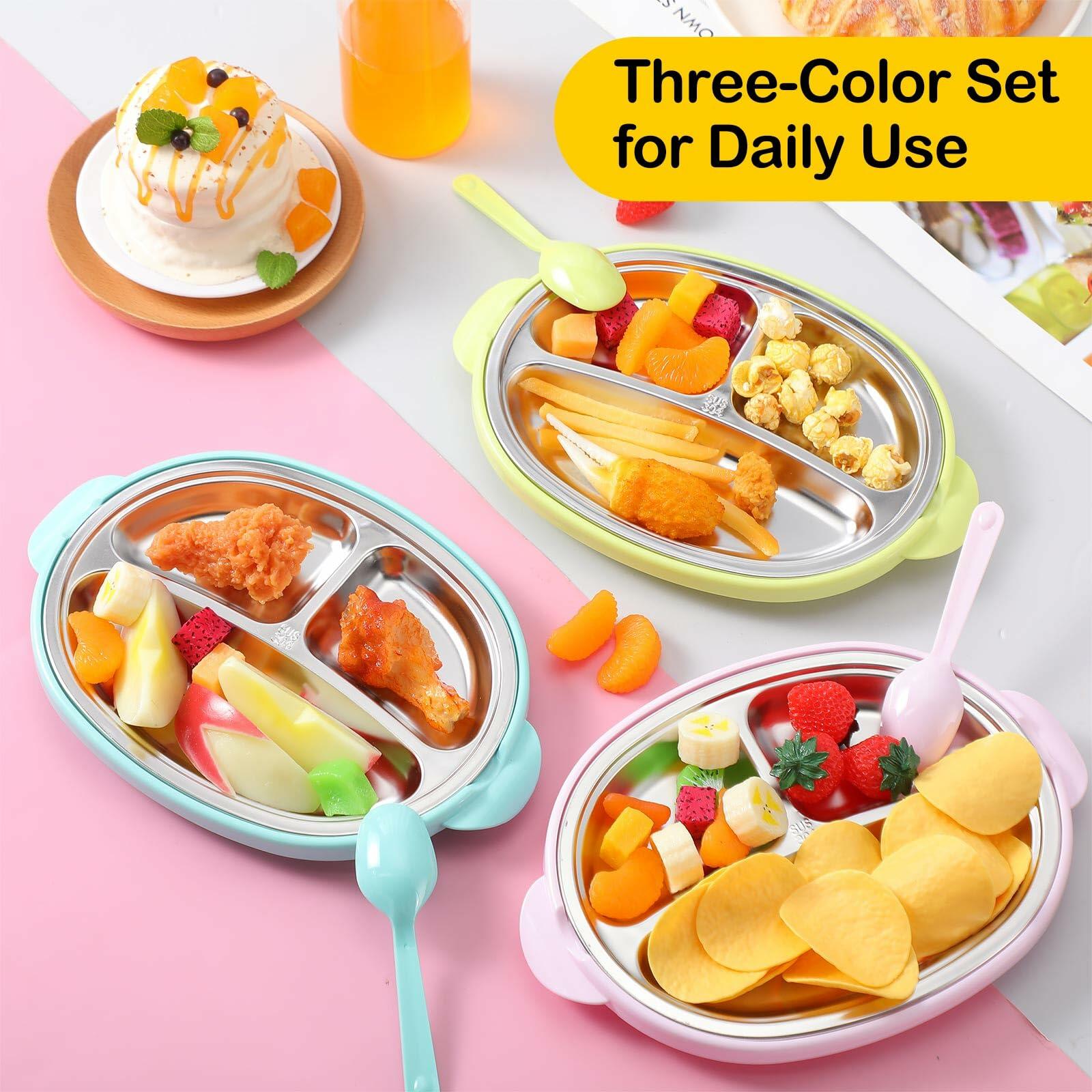 Nuogo 3 Pack Stainless Steel Kids Plates 3 Sections Multicolor 304 Steel
