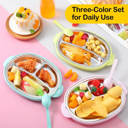 Nuogo 3 Pack Stainless Steel Kids Plates 3 Sections Multicolor 304 Steel