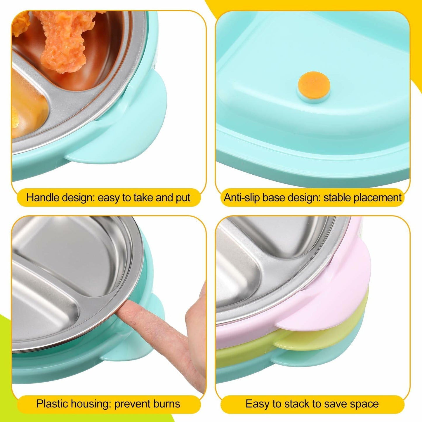 Nuogo 3 Pack Stainless Steel Kids Plates 3 Sections Multicolor 304 Steel