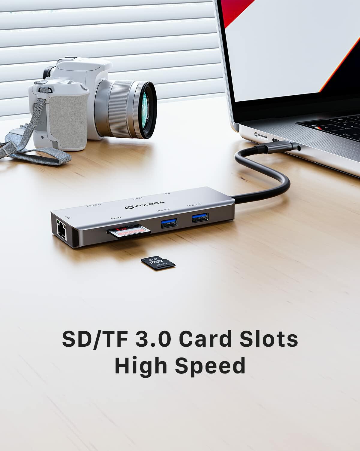 FOLODA USB C HUB 8-in-1 Docking Station HDMI 4K@60Hz Gigabit Ethernet Gray