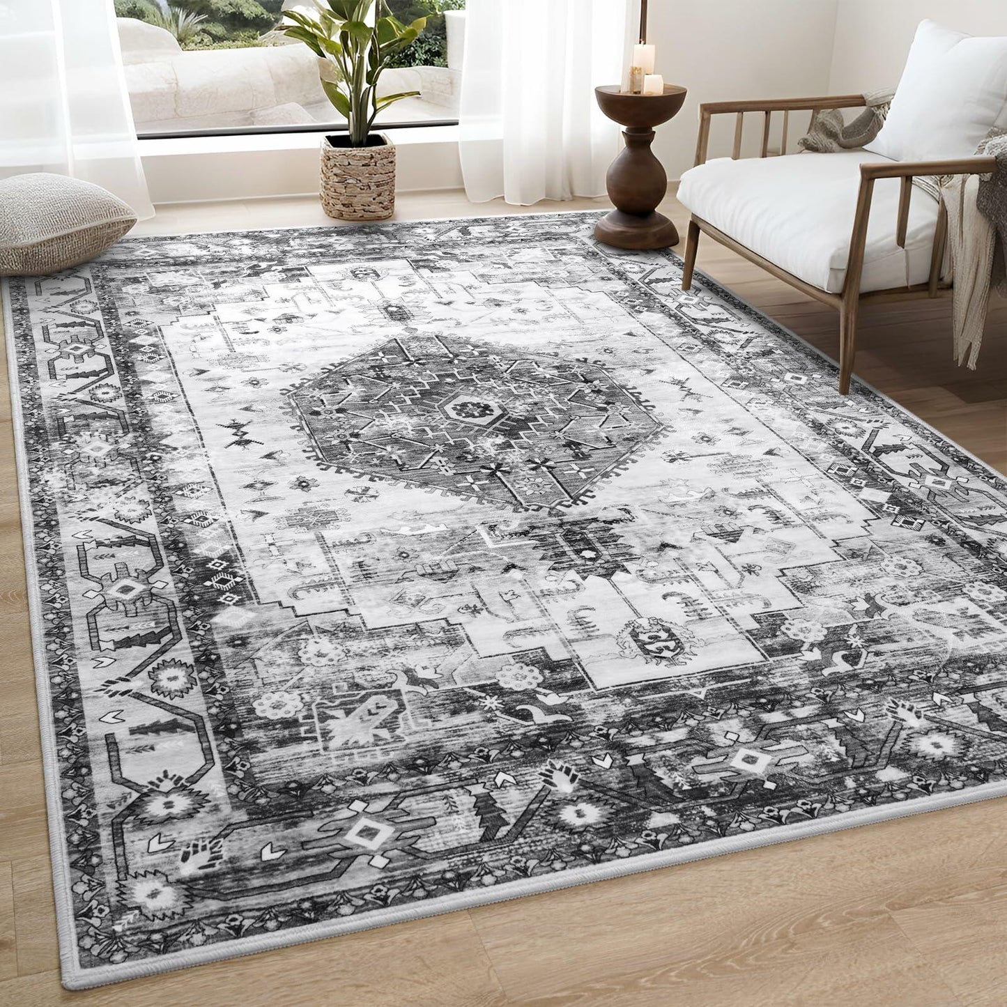 Nuttumico 5x7 Washable Non-Slip Vintage Abstract Area Rug Grey