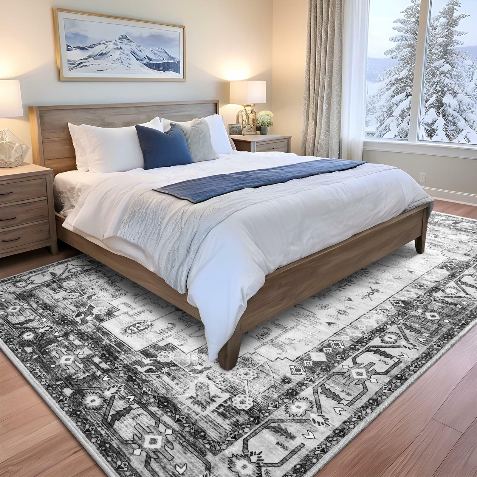 Nuttumico 5x7 Washable Non-Slip Vintage Abstract Area Rug Grey