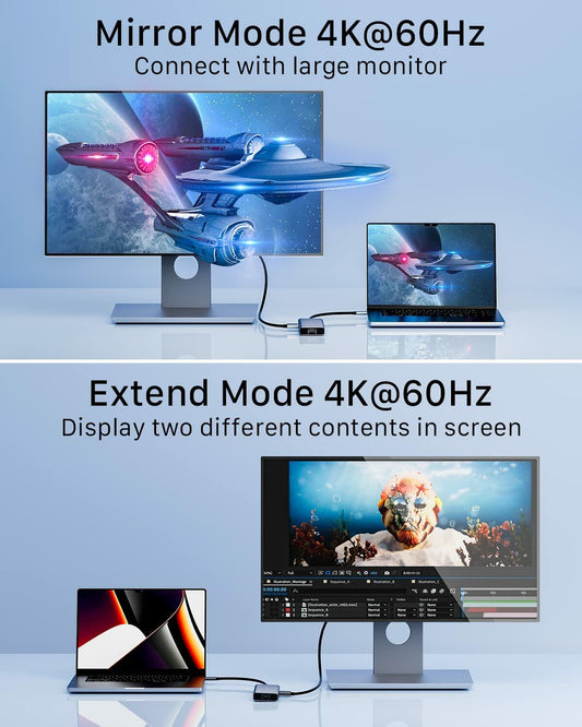 FOLODA USB C HUB 8-in-1 Docking Station HDMI 4K@60Hz Gigabit Ethernet Gray