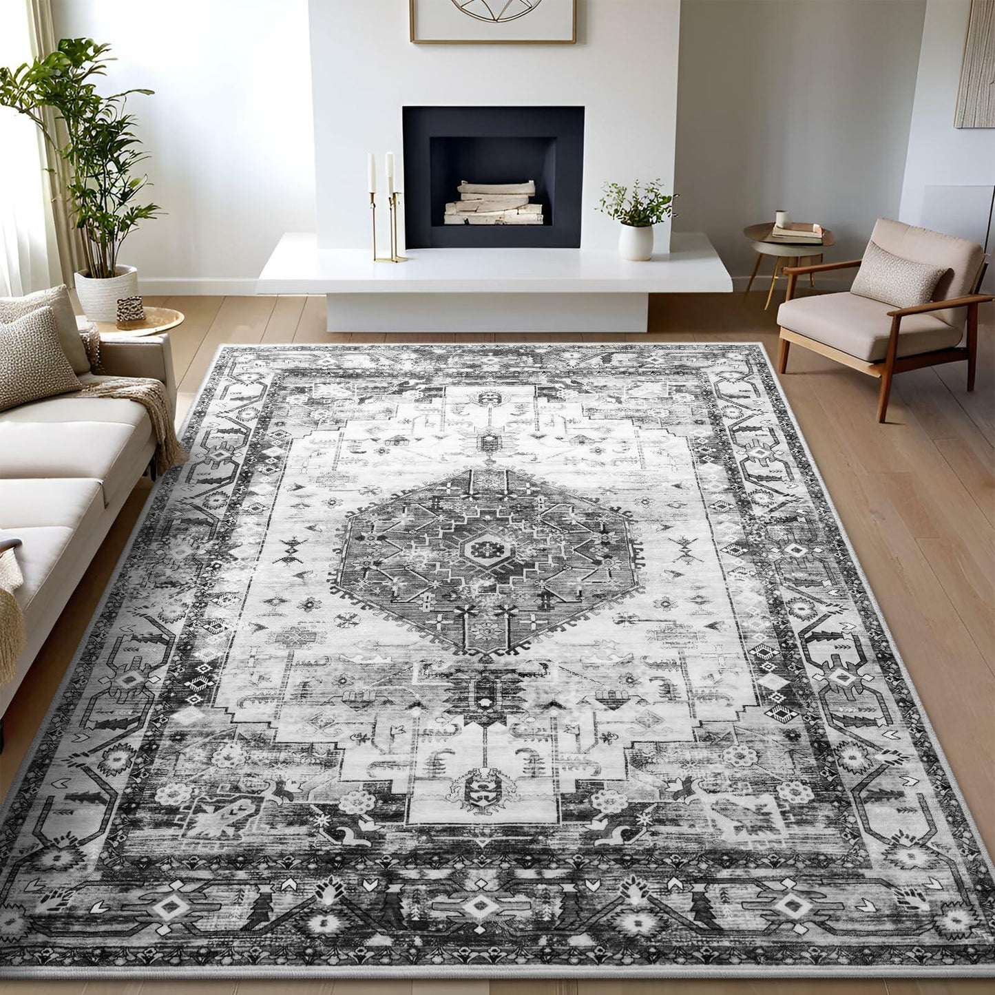 Nuttumico 5x7 Washable Non-Slip Vintage Abstract Area Rug Grey