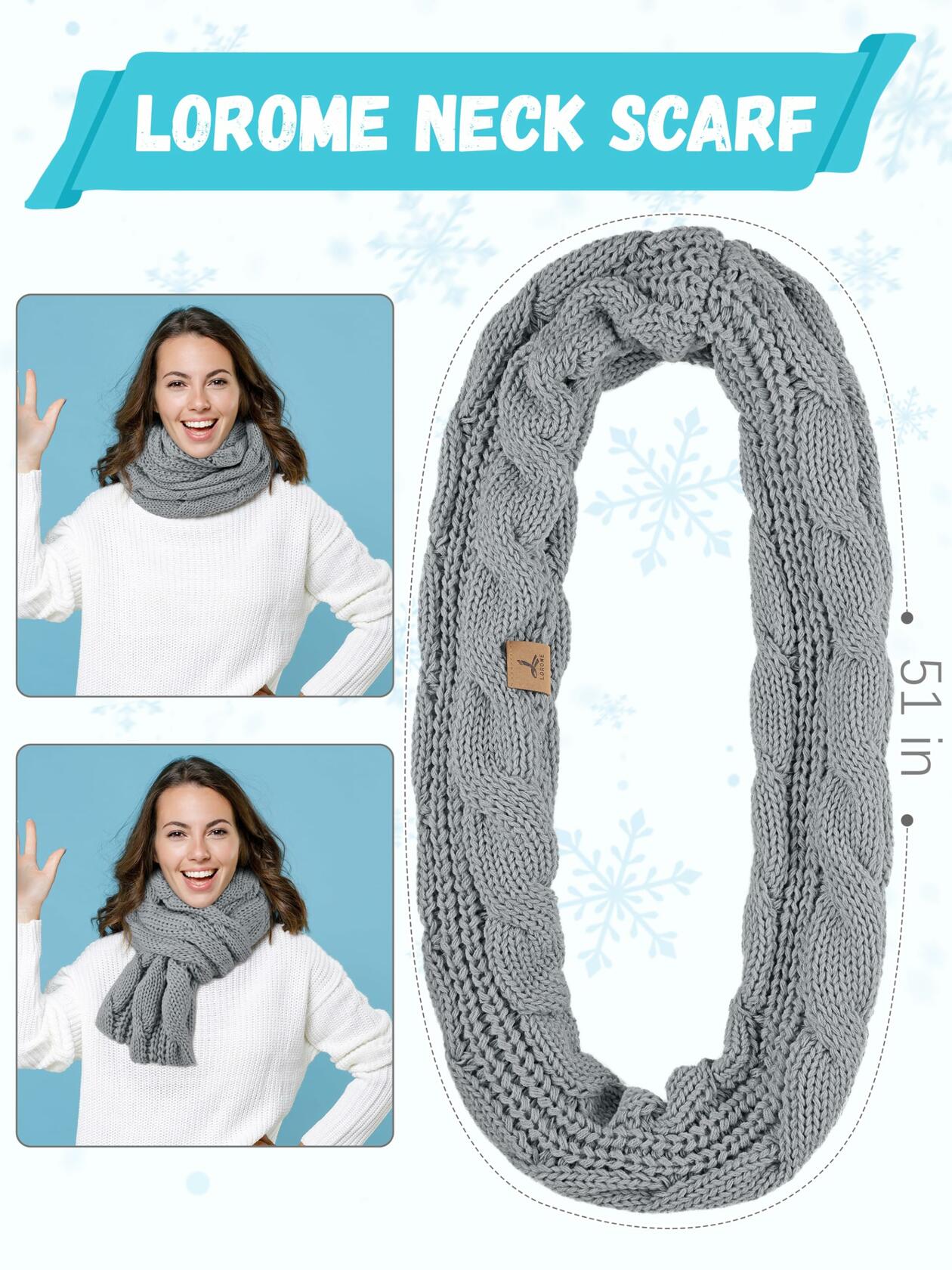 LOROME Winter Beanie Hat Scarf Gloves Set Light Gray Acrylic Size 5 1/8-7 7/8