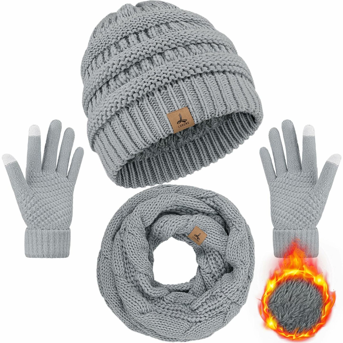 LOROME Winter Beanie Hat Scarf Gloves Set Light Gray Acrylic Size 5 1/8-7 7/8