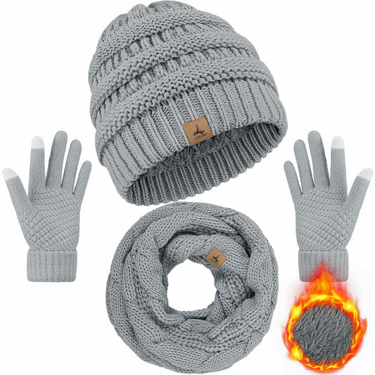 LOROME Winter Beanie Hat Scarf Gloves Set Light Gray Acrylic Size 5 1/8-7 7/8