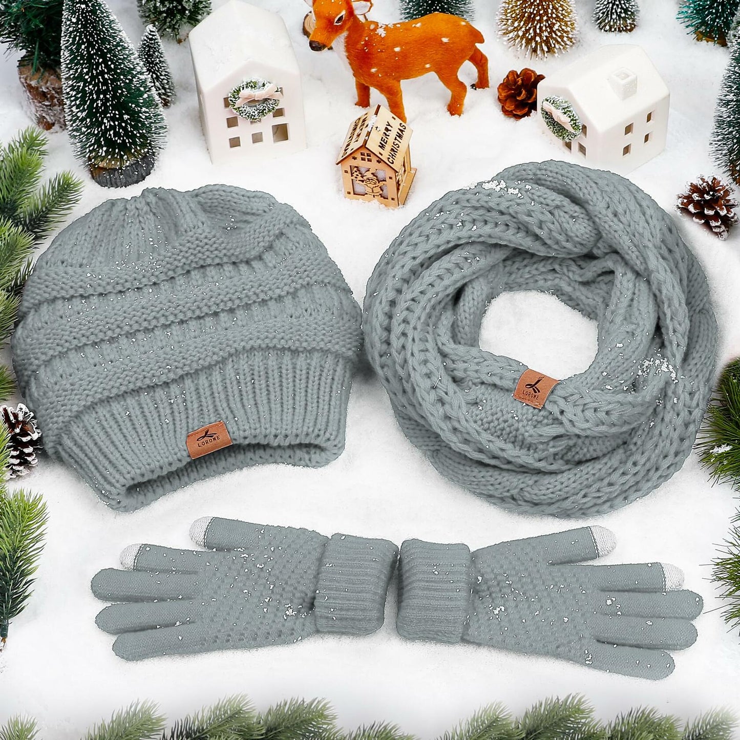 LOROME Winter Beanie Hat Scarf Gloves Set Light Gray Acrylic Size 5 1/8-7 7/8