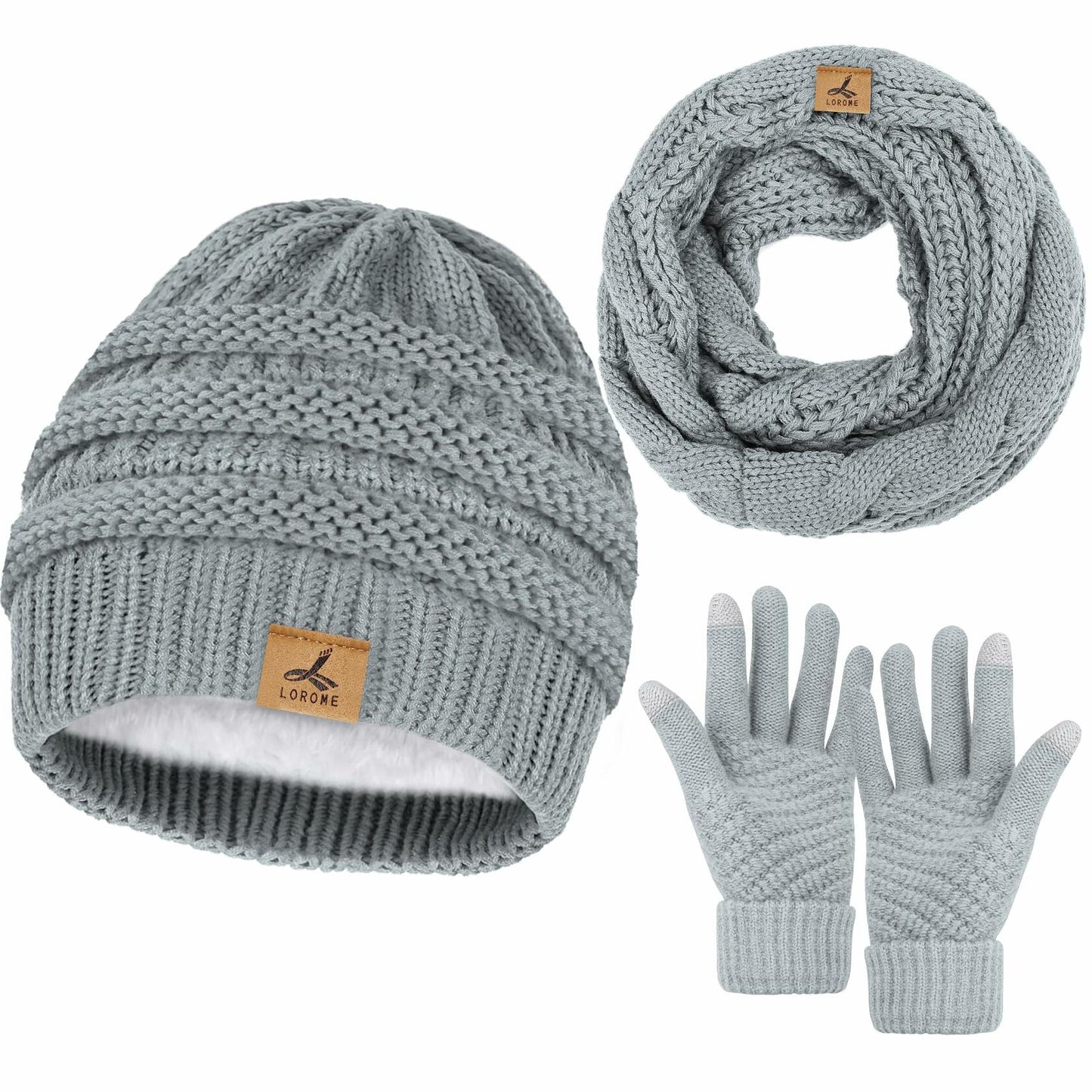LOROME Winter Beanie Hat Scarf Gloves Set Light Gray Acrylic Size 5 1/8-7 7/8