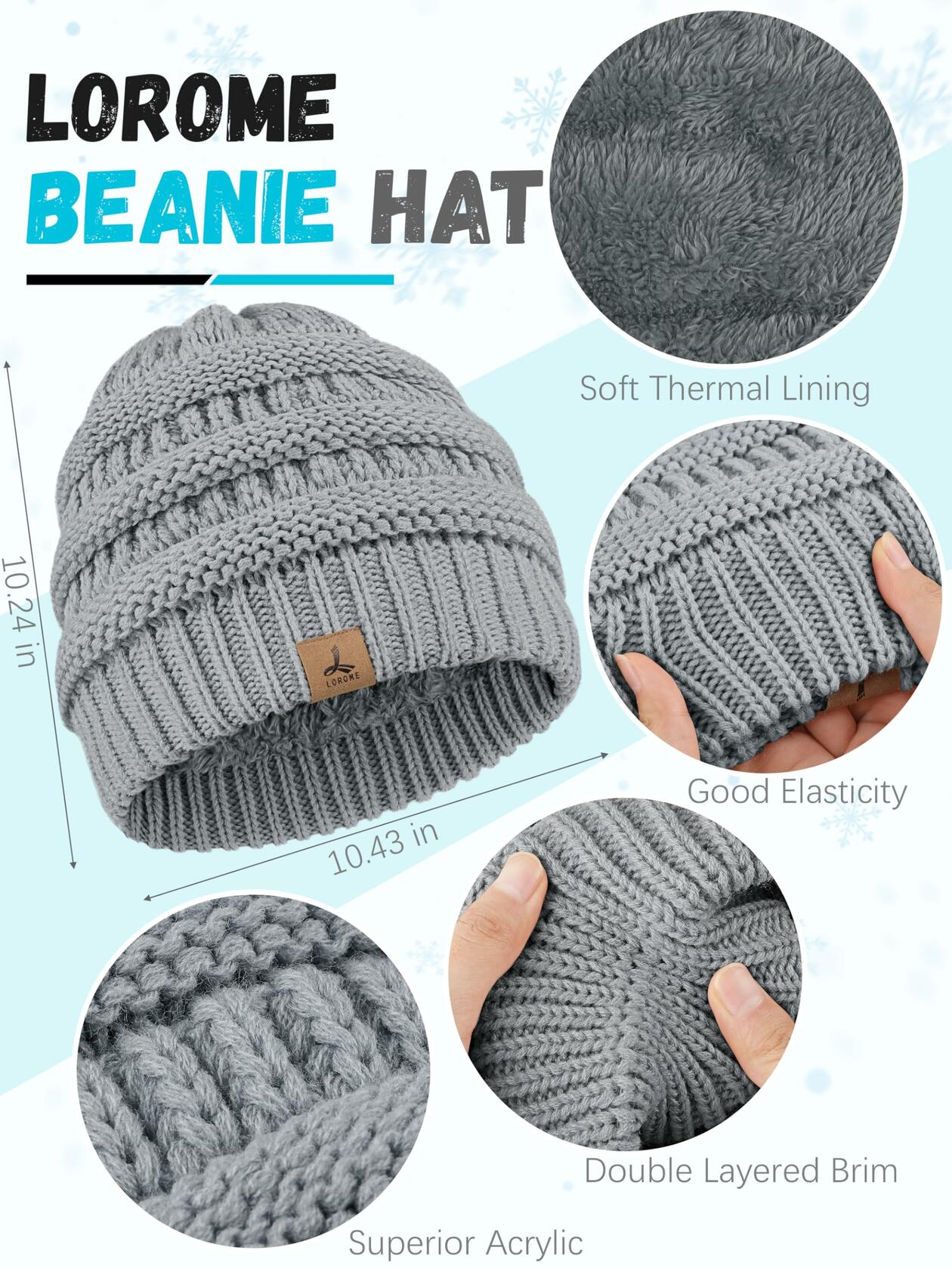 LOROME Winter Beanie Hat Scarf Gloves Set Light Gray Acrylic Size 5 1/8-7 7/8