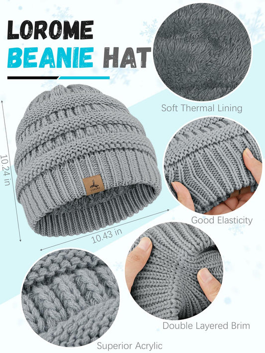 LOROME Winter Beanie Hat Scarf Gloves Set Light Gray Acrylic Size 5 1/8-7 7/8