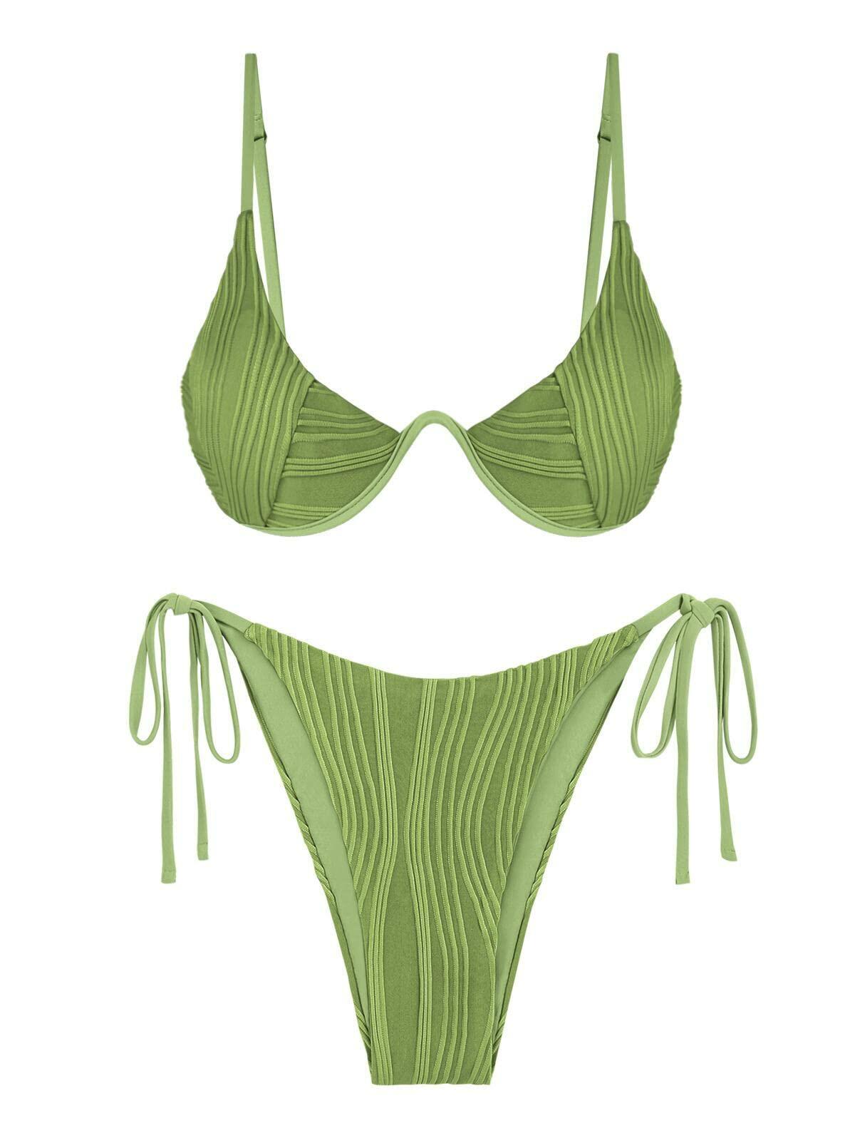 ZAFUL Womens High Cut Thong Bikini Set Swimsuit Sexy 441-green Size S