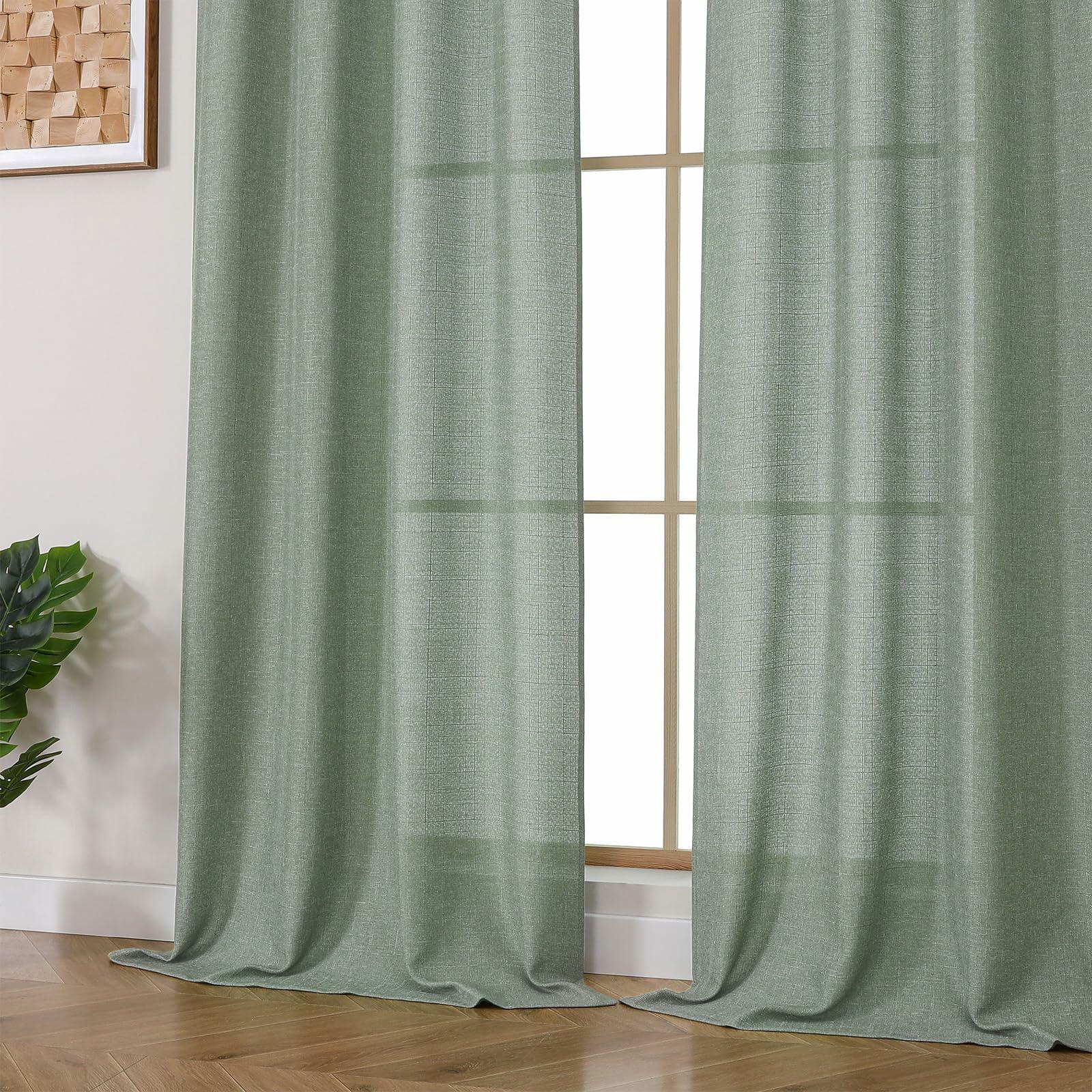 OVZME Green Curtains 40x96in 2 Panels Light Filtering Faux Linen Set