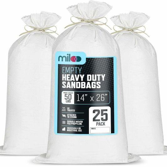 25 Pack White Sandbags 14x26in Heavy Duty with Ties Flood Control 50lb Capacity