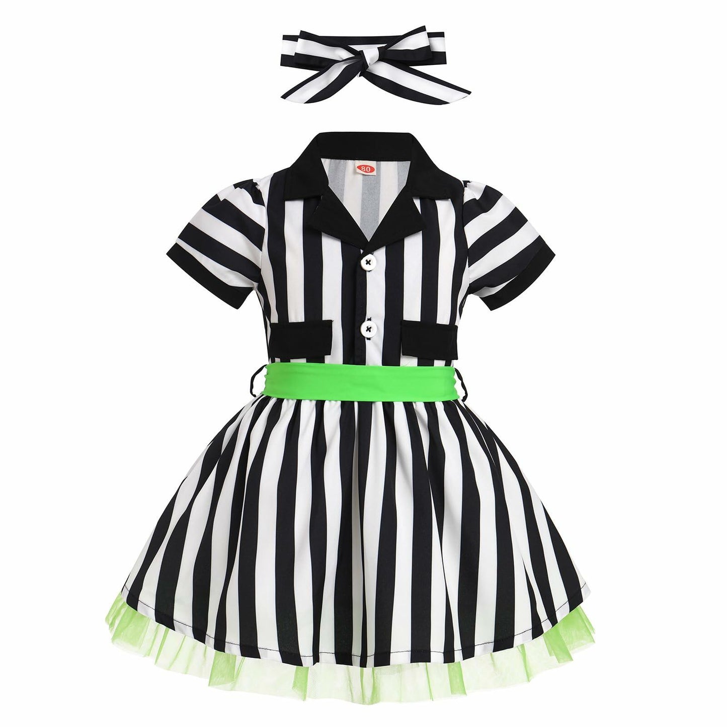IDOPIP Toddler Girls Black White Striped Dress with Headband & Belt 4-5Y