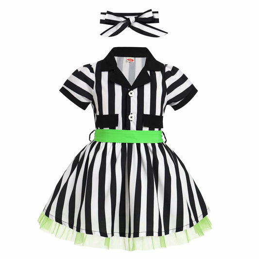 IDOPIP Toddler Girls Black White Striped Dress with Headband & Belt 4-5Y
