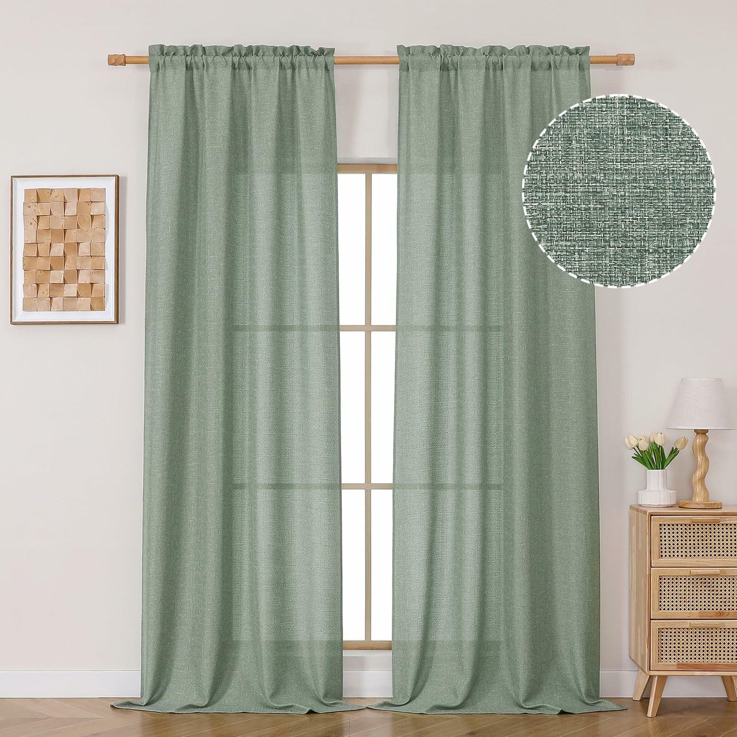OVZME Green Curtains 40x96in 2 Panels Light Filtering Faux Linen Set