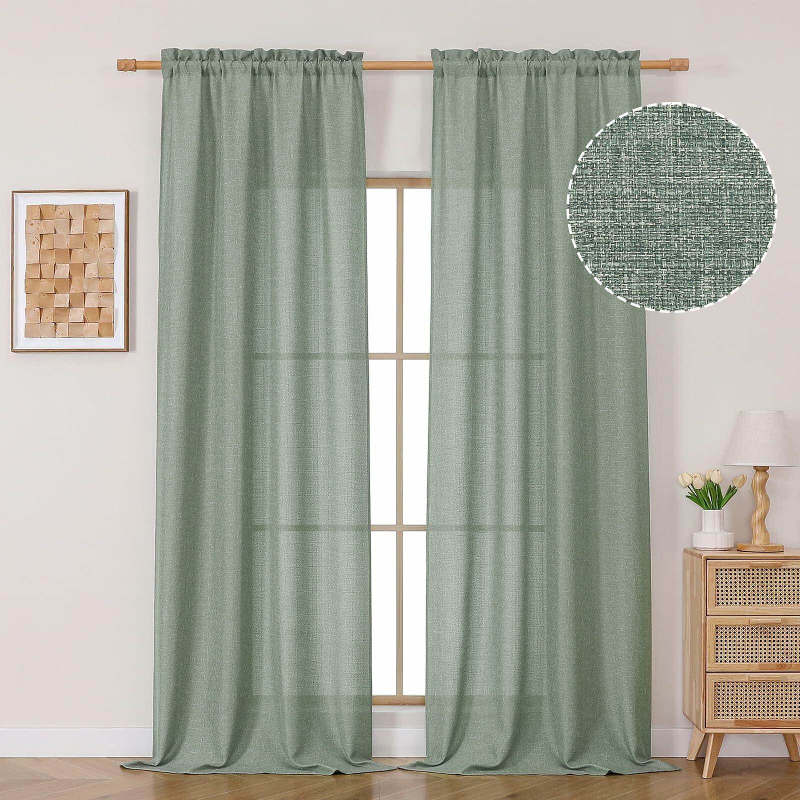 OVZME Green Curtains 40x96in 2 Panels Light Filtering Faux Linen Set
