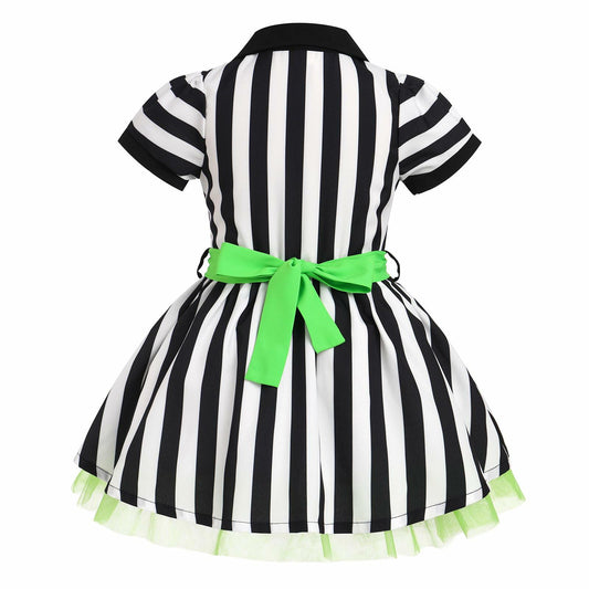 IDOPIP Toddler Girls Black White Striped Dress with Headband & Belt 4-5Y
